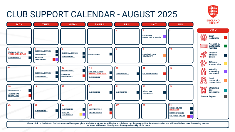 Calendar with club support events and workshops for August
