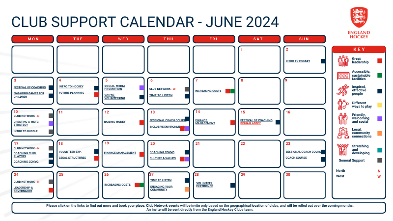 Club Support Calendar detailing workshops, forums and network events for June