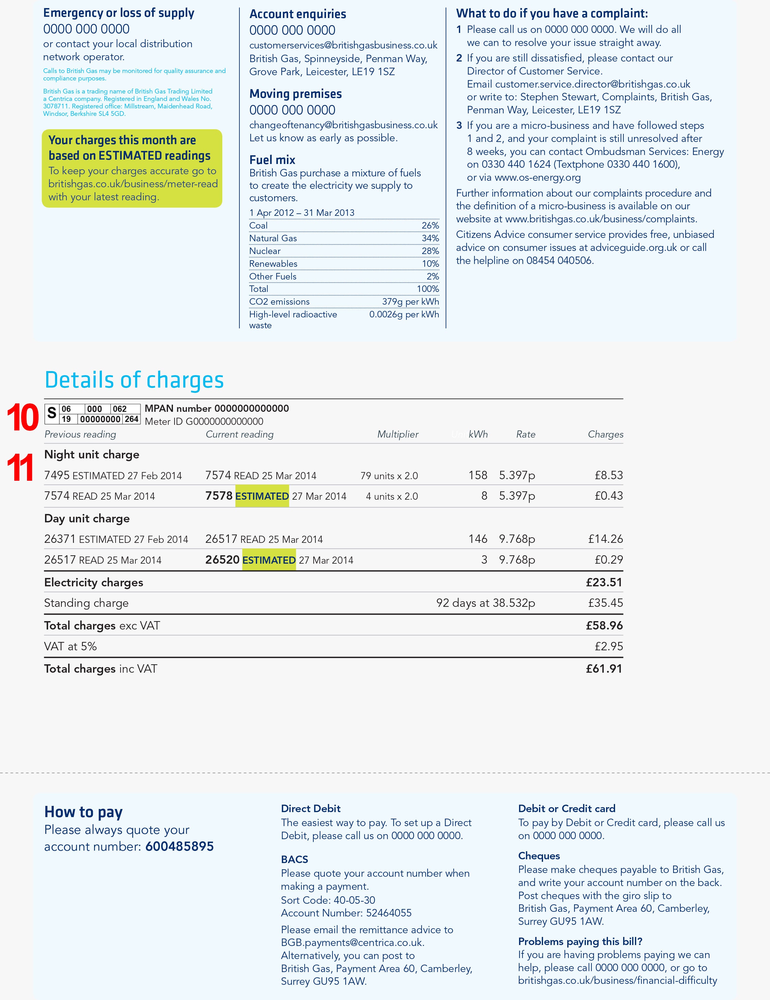 Back of example British Gas Business Business energy bill