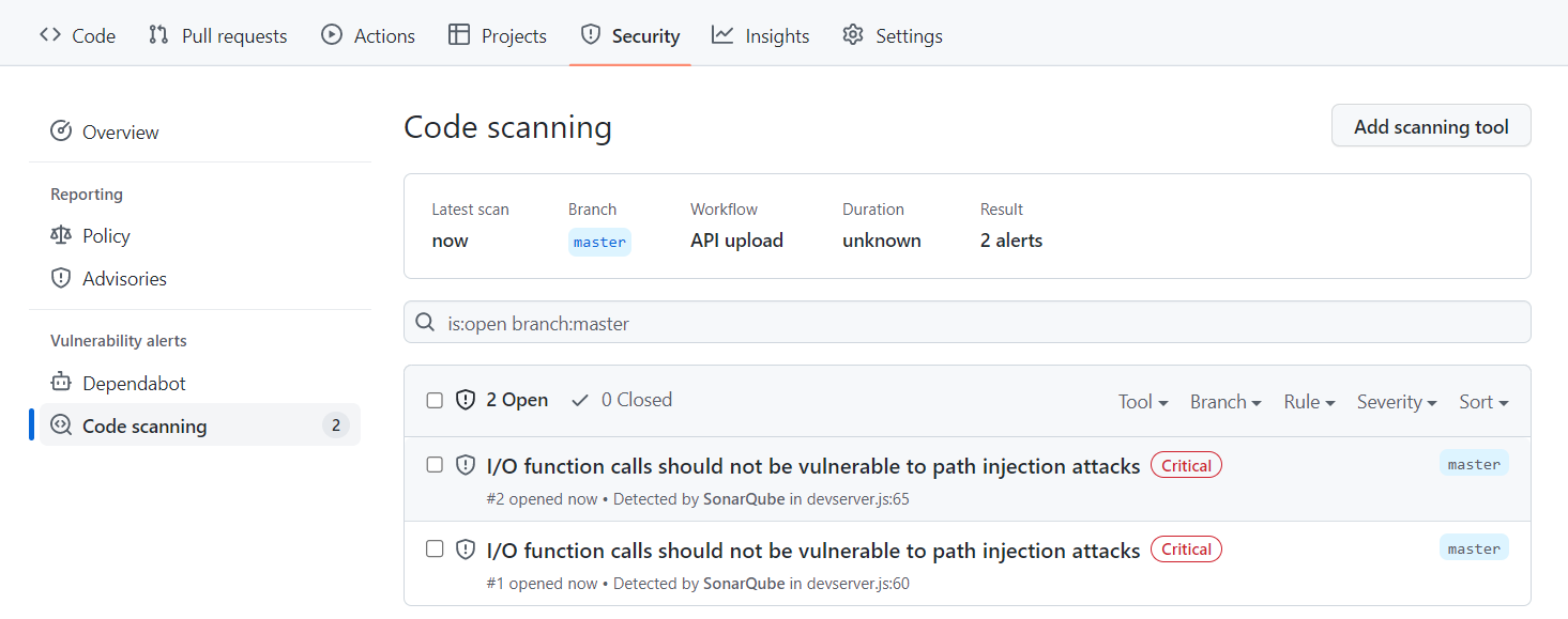 github code scanning alerts for sonarqube