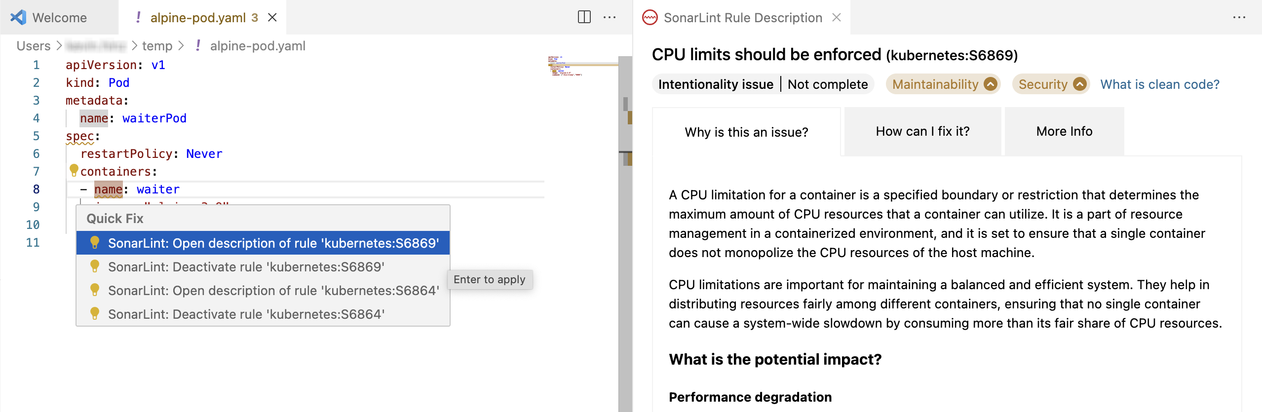 If your code violates multiple rules, multiple quick fixes will be shown.