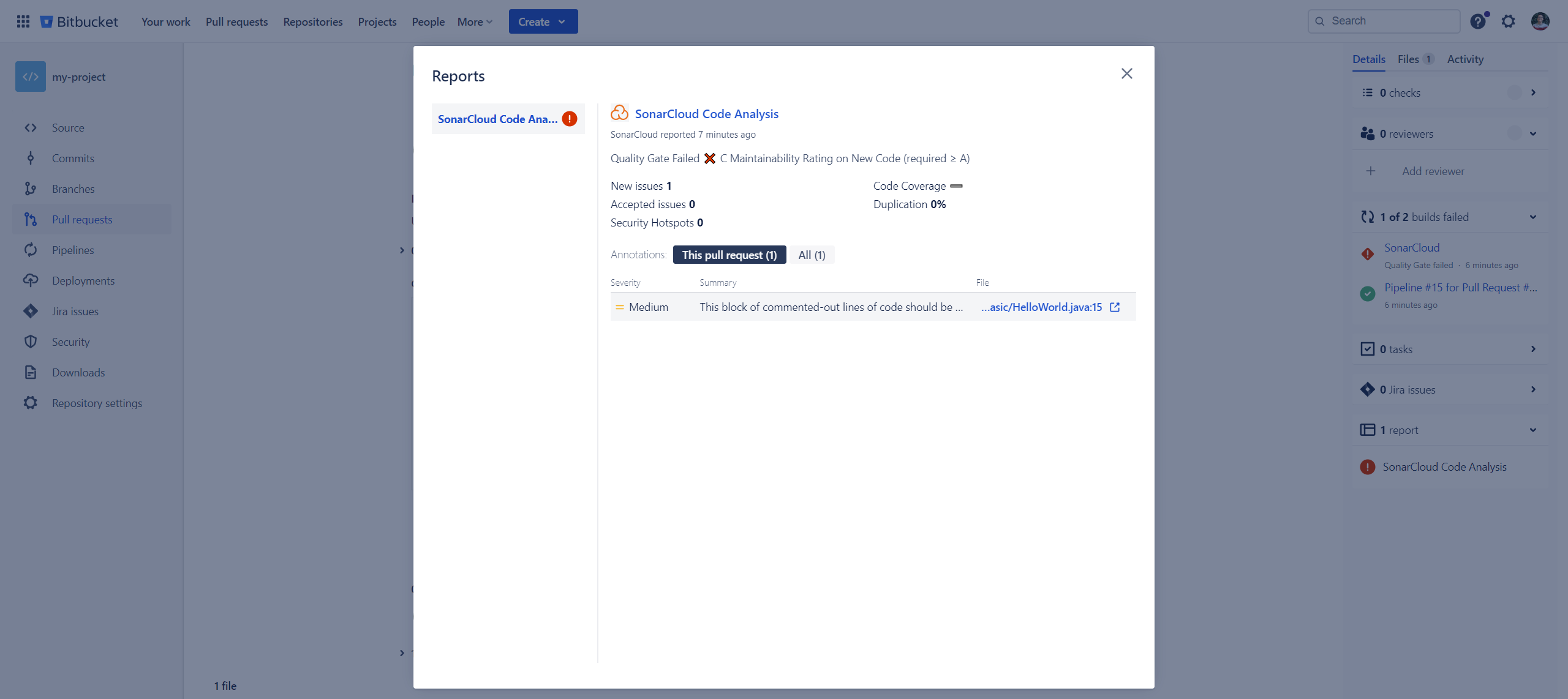 Screenshot of the full report of all the issues found in the pull request by SonarCloud.