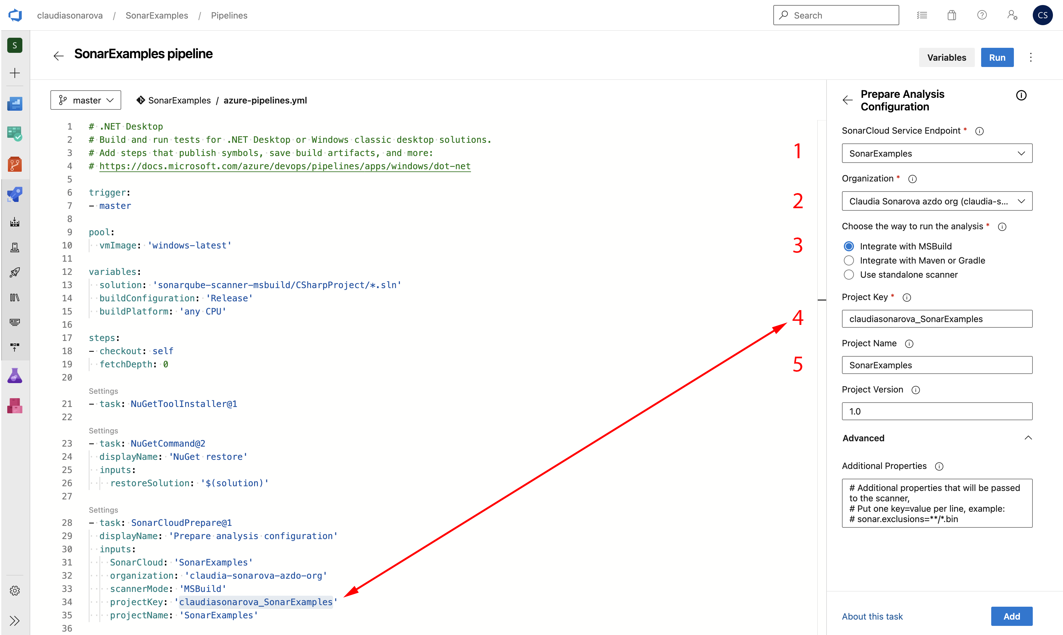 The relationship between an azure-pipelines.yml and SonarCloud's Prepare Analysis Configuration task.