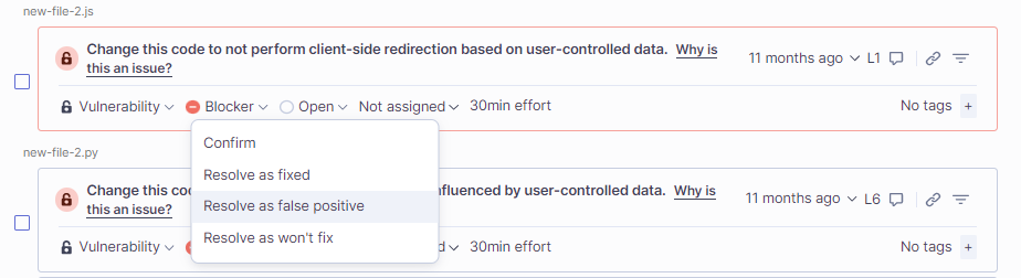 Screenshot of how to resolve a vulnerability as false positive in SonarCloud.