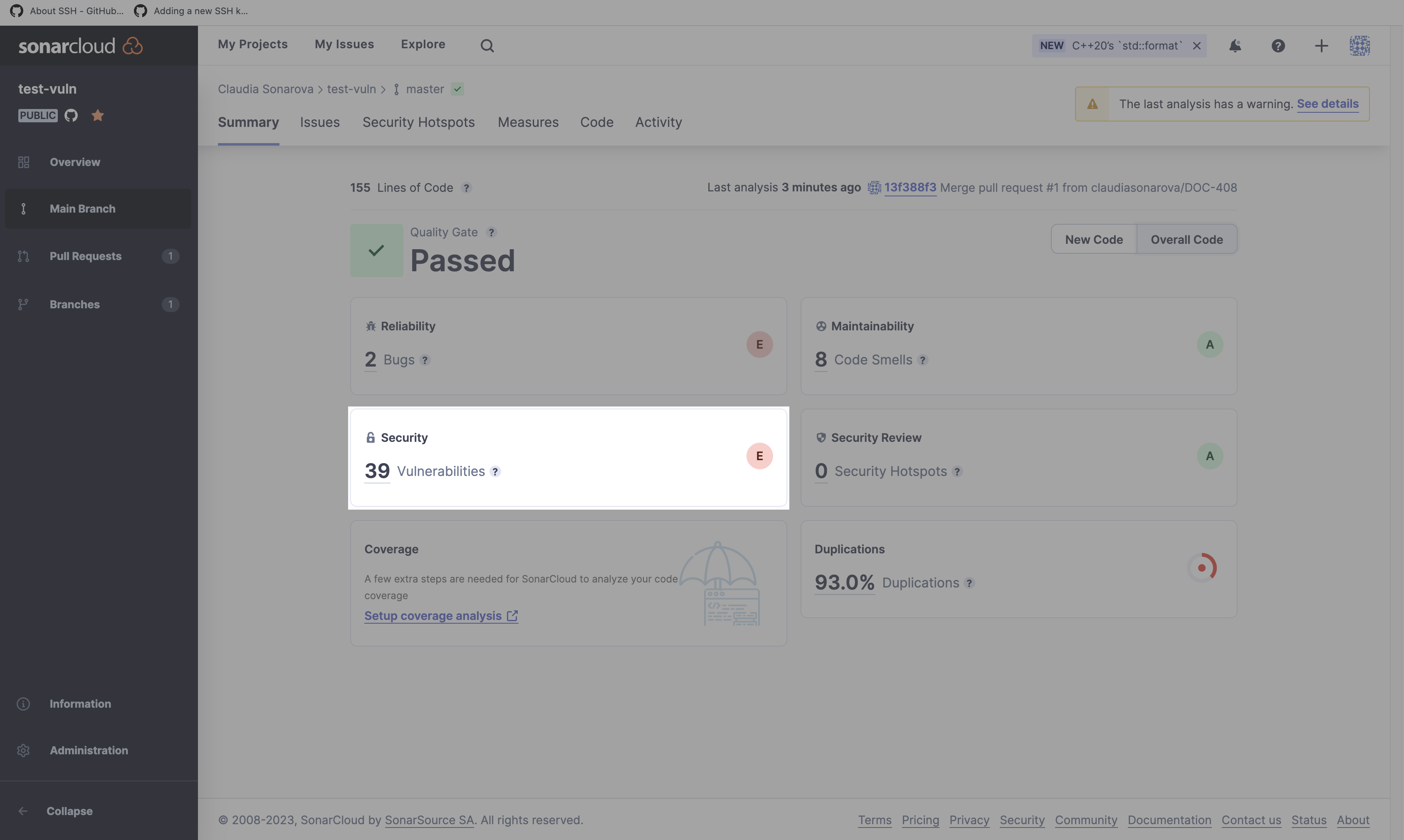 Screenshot showing where the security vulnerabilities results are displayed in SonarCloud.