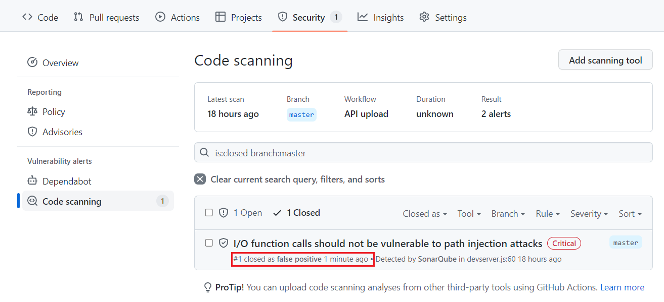 change in github code scanning alert for sonarqube