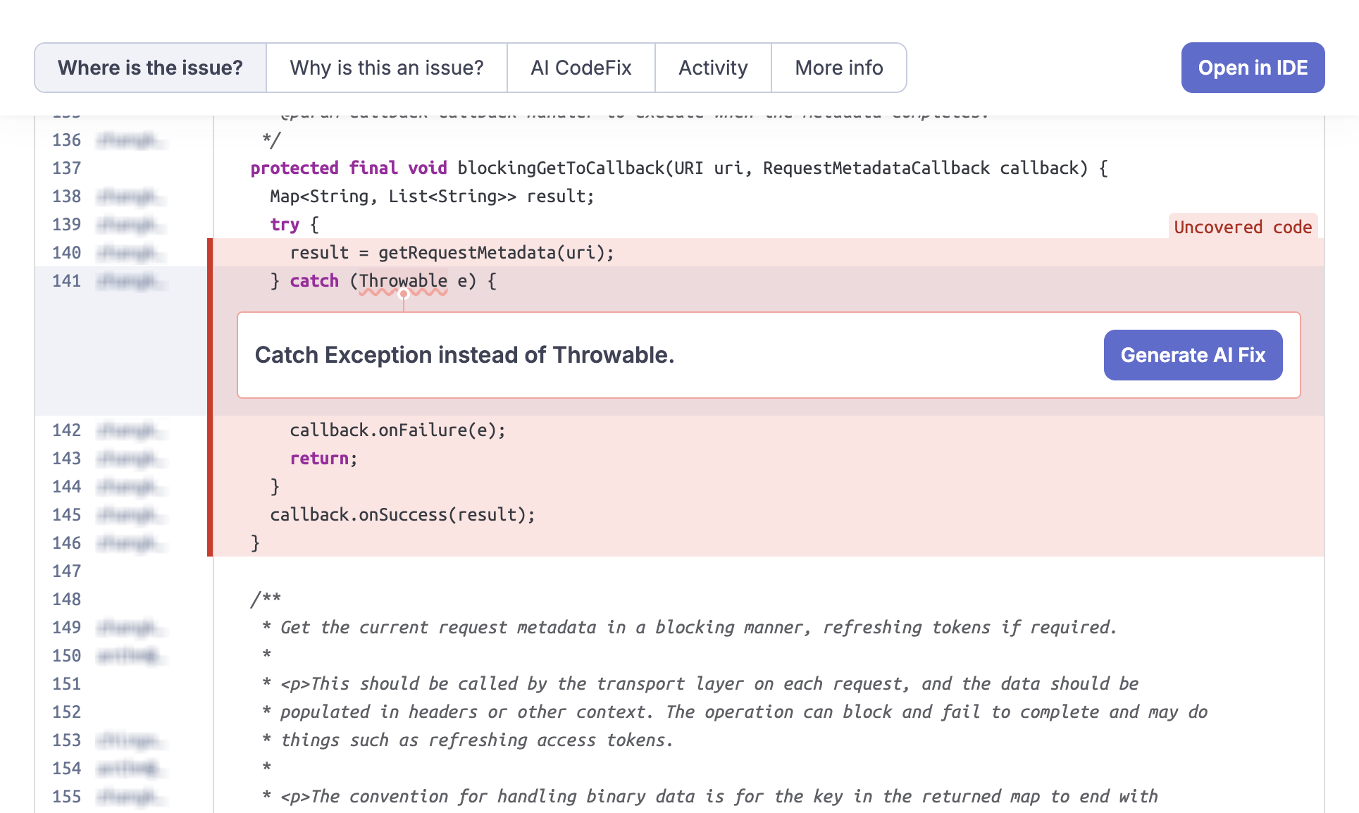 If an AI CodeFix is available for your issue, SonarQube Cloud will offer a Generate AI Fix button to select.