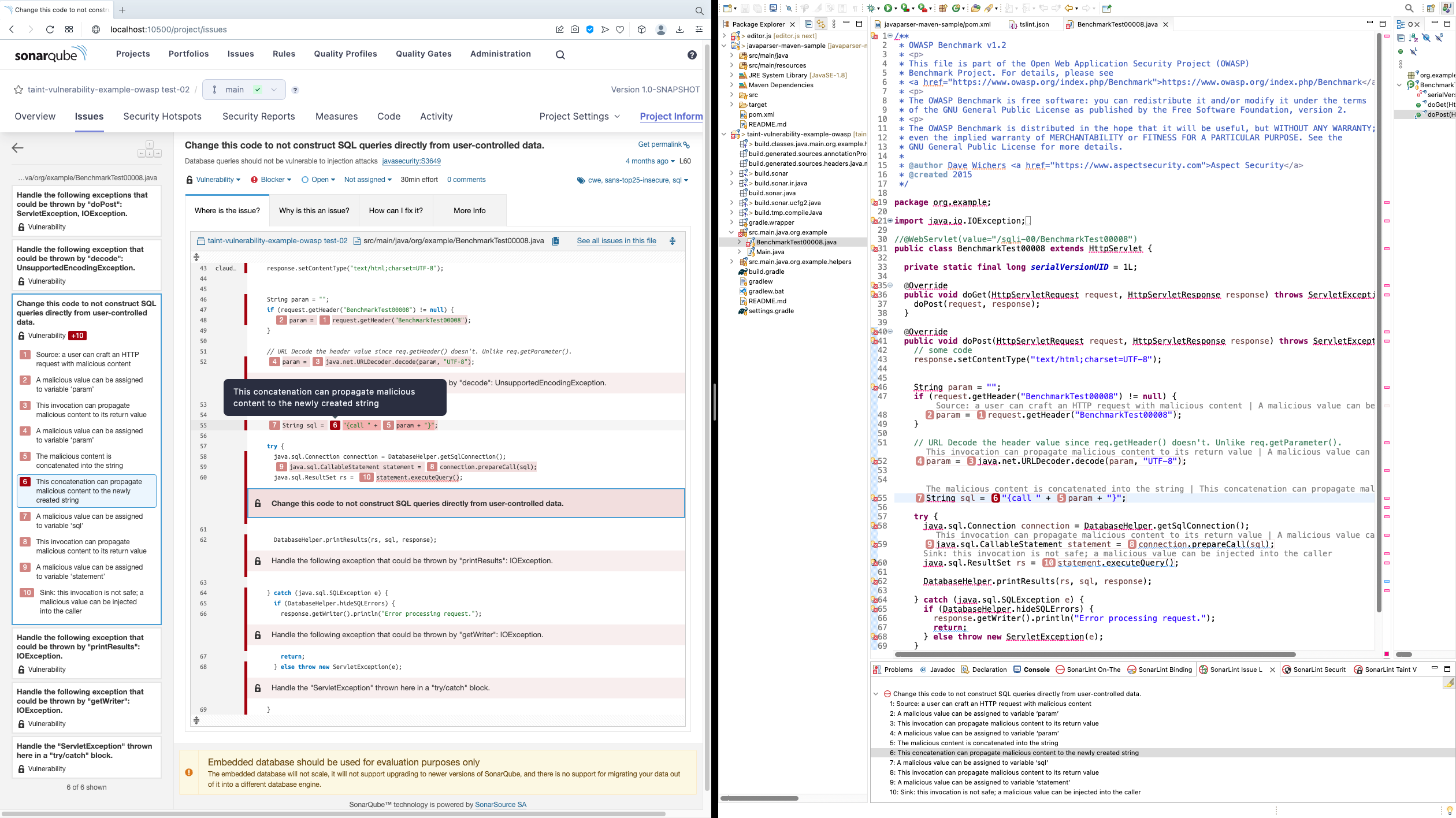 The SonarLint Issue Locations view points out more information about your taint vulnerability.