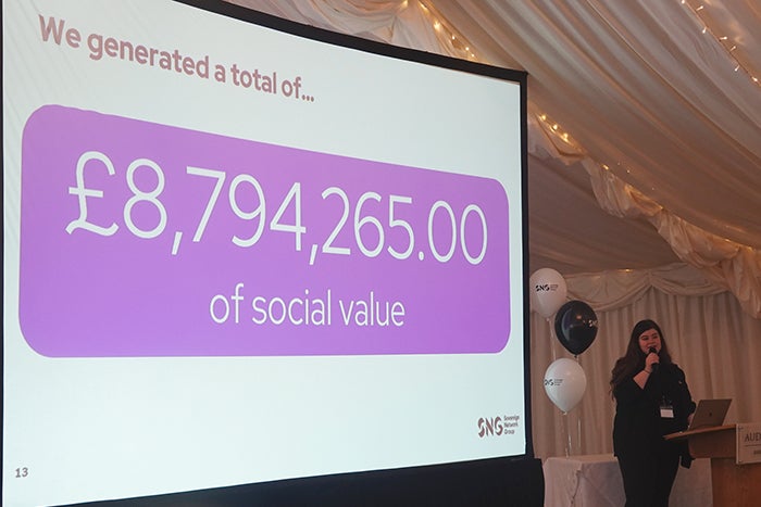Photo of projector screen showing a slide with how much money was generated for social value. It was a lot - over 8 million