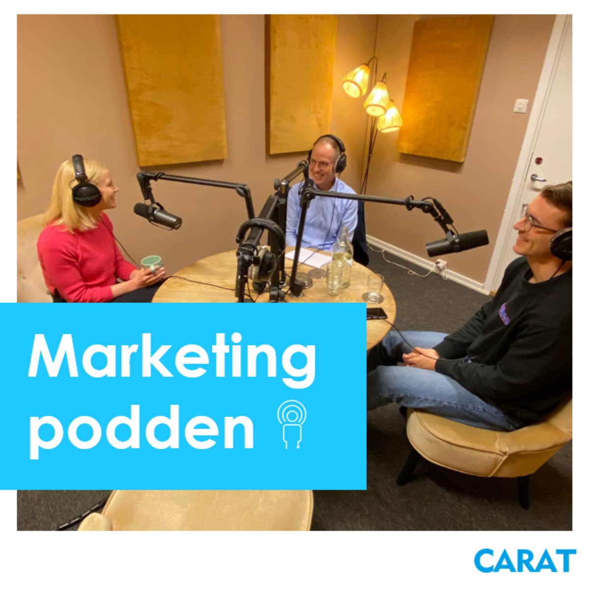 Camilla Haveland, markedsdirektør i Storebrand, på besøk i studio med Espen Grimmert og Simen Smedsberg Kneppe fra Carat