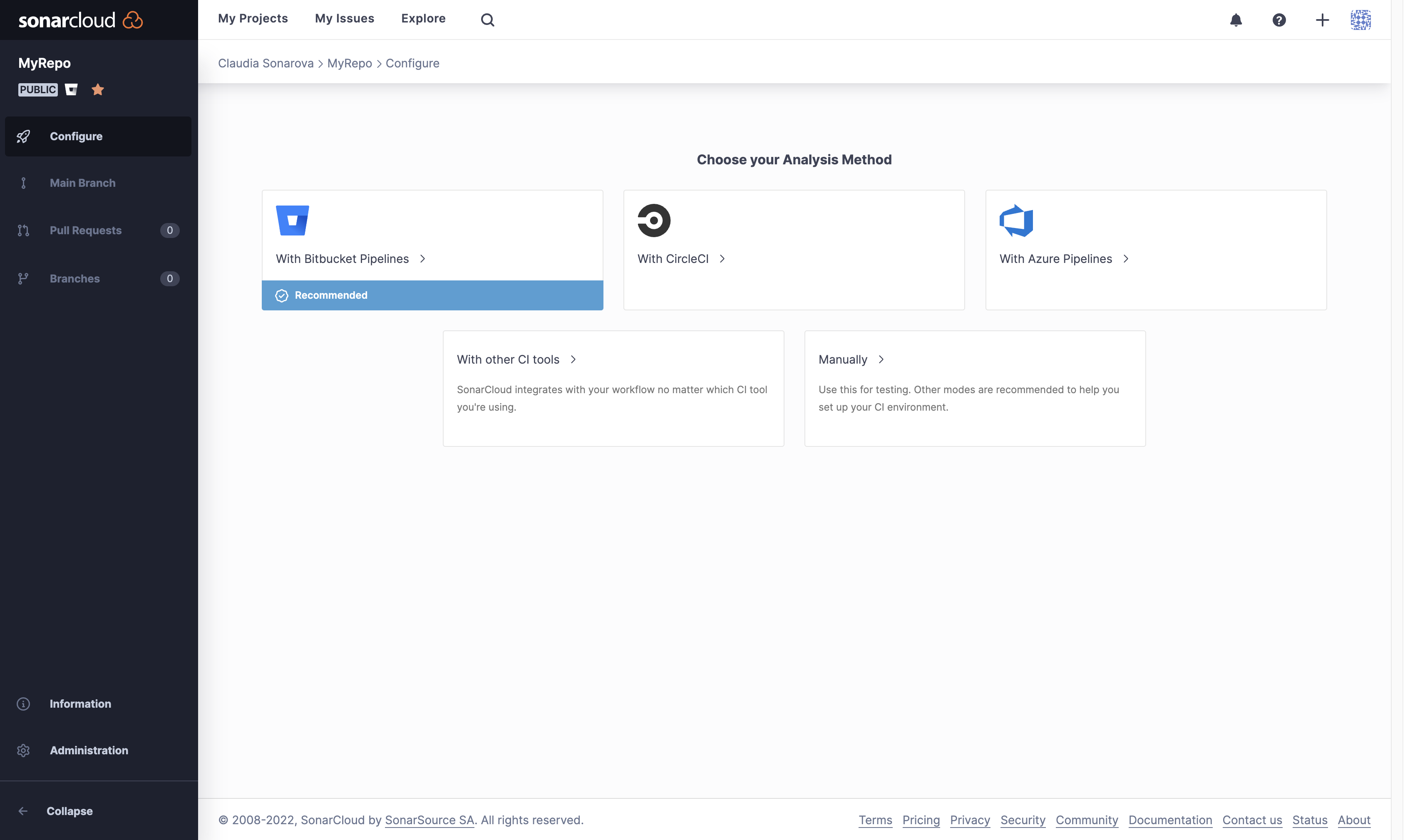 Choose your preferred CI tool as the SonarCloud analysis method.