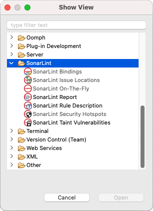 All of the SonarLint views are available in Eclipse's Show View menu.