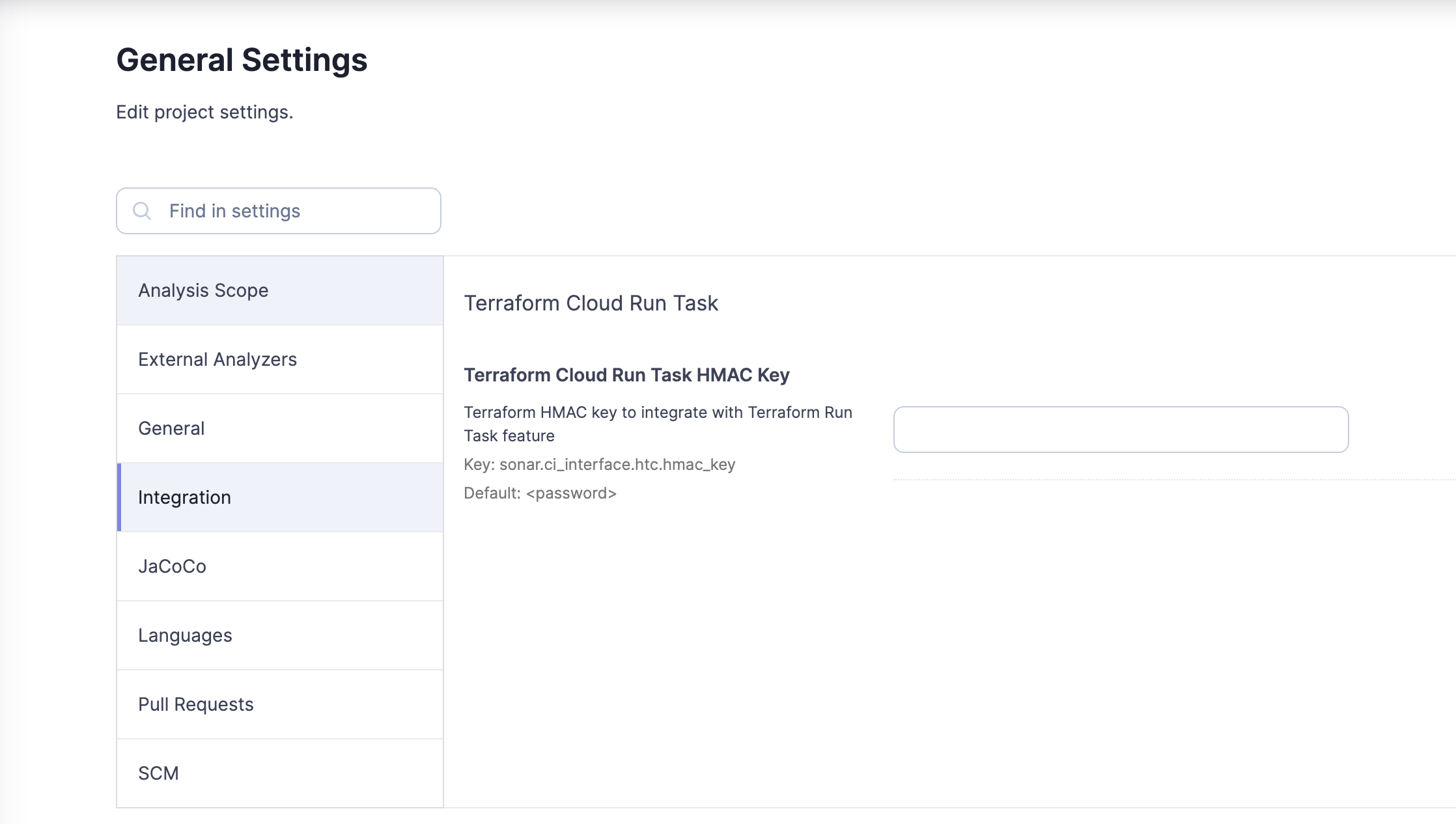 Where to add your Terraform HMAC Key in the SonarCloud UI.