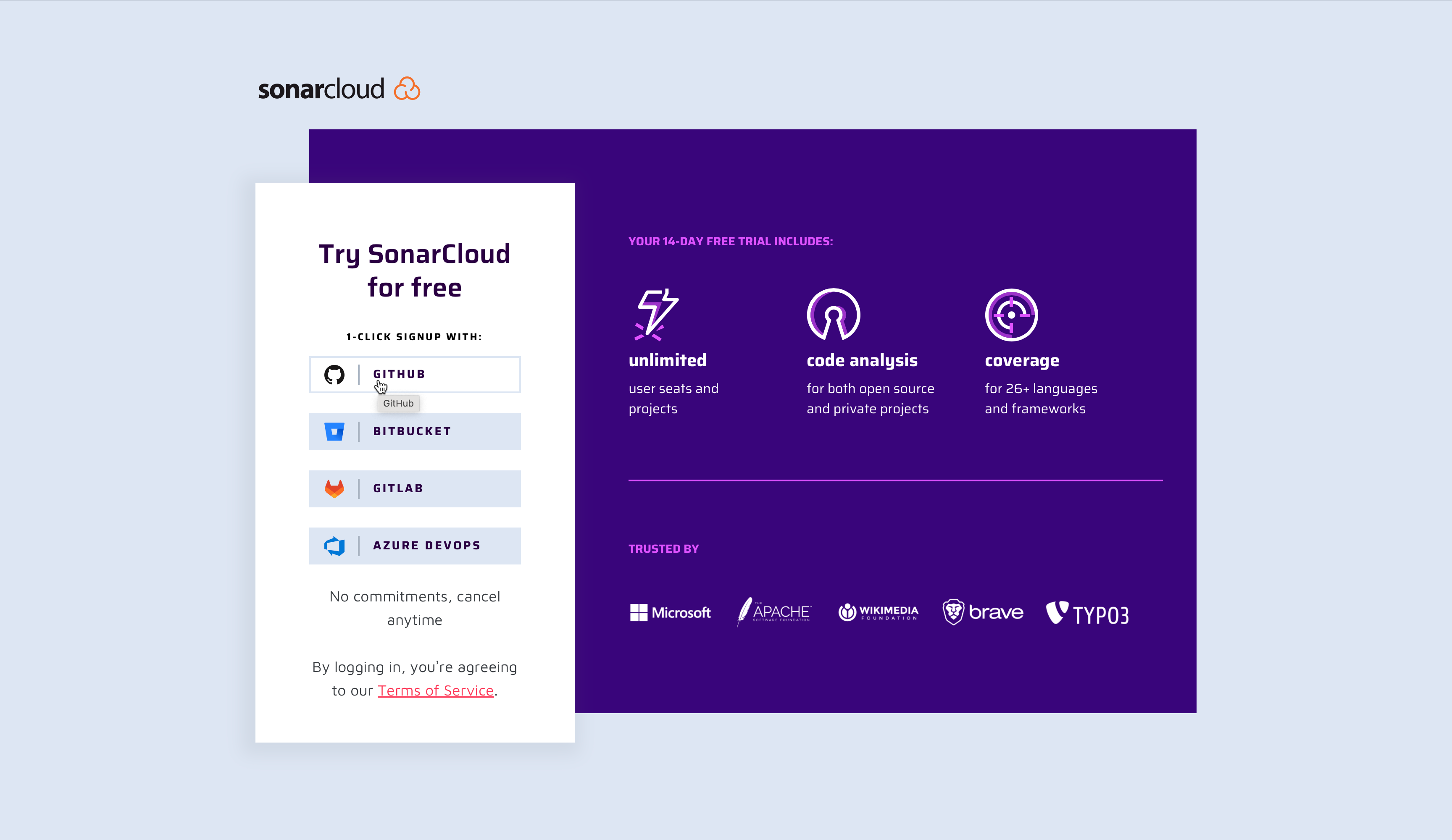 Sign up to SonarCloud using GitHub.