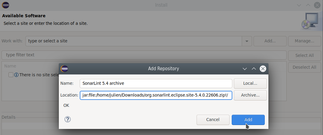 Add the location of your .zip file holding your version of SonarLint for Eclipse.