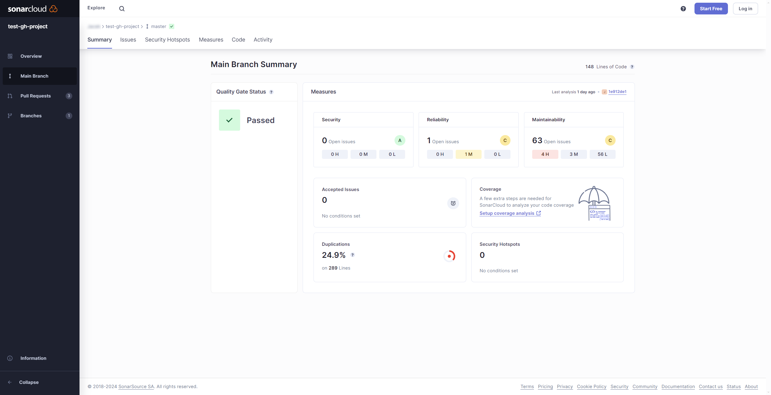 SonarCloud's first analysis, run on the main branch.