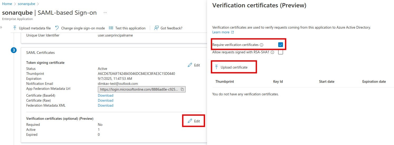 To edit the Verification certificates, upload a certificate and enable the Require verification certificates option.