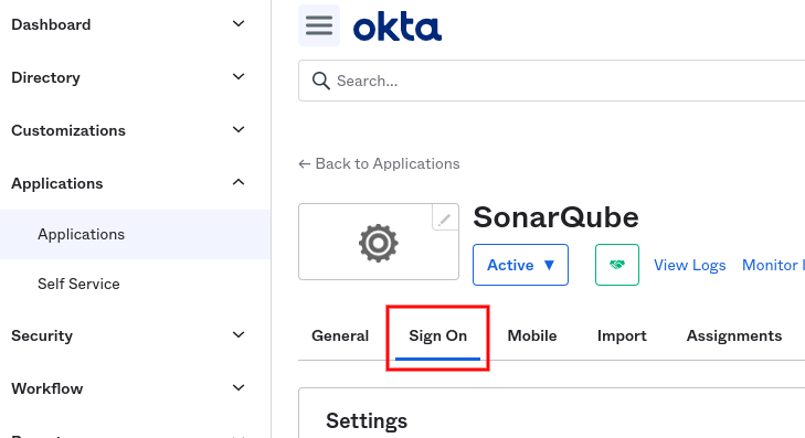 Navigate to the Sign On tab of the SonarQube application in Okta.