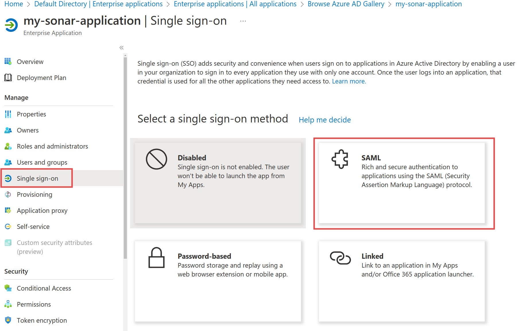 Navigate to Single sign-on in Azure and select SAML to begin the authentication process.