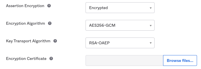 Show Advanced Settings and configure the fields to enable assertion encryption.