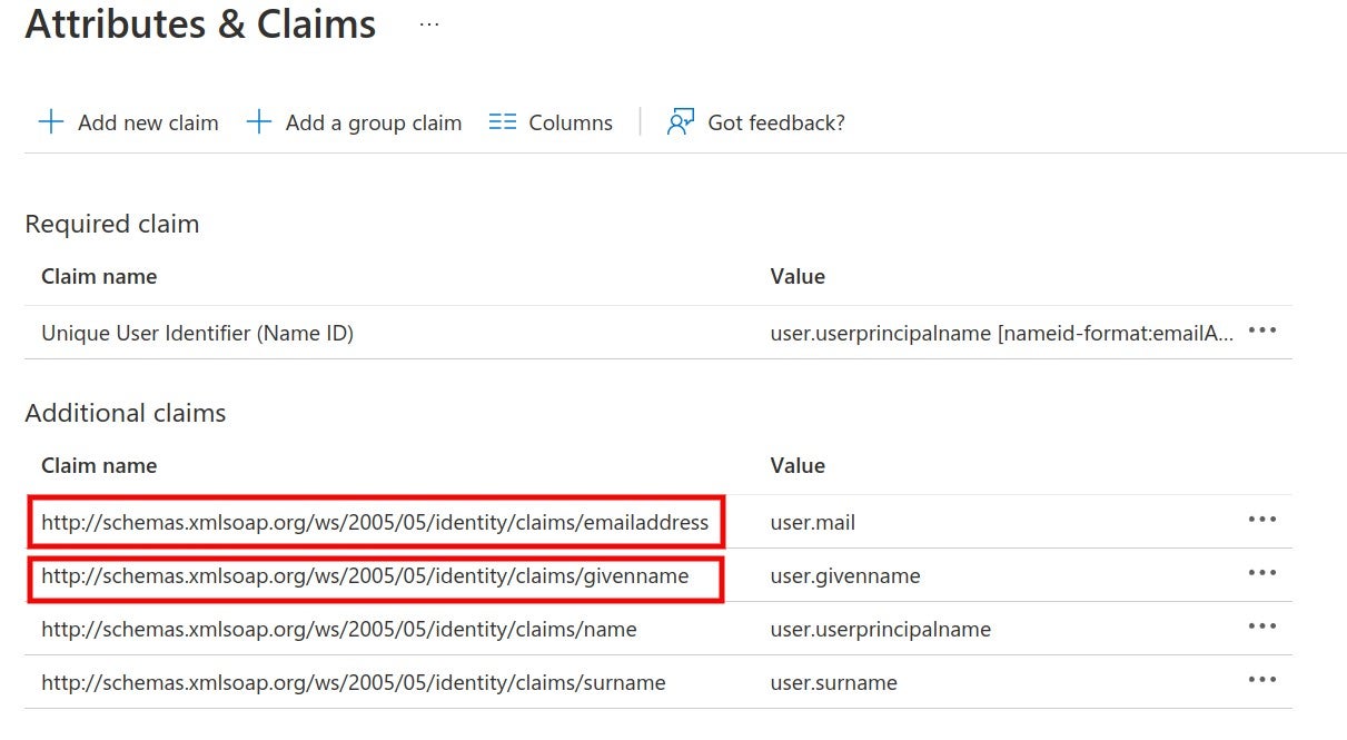 Edit Attributes & Claims to view, edit or add attributes when configuring SAML authentication in Azure.