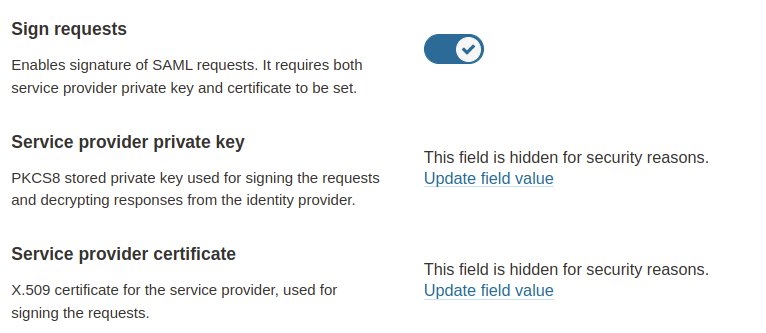 In SonarQube, fill in the corresponding private key and the same certificate and enable the Sign requests option.