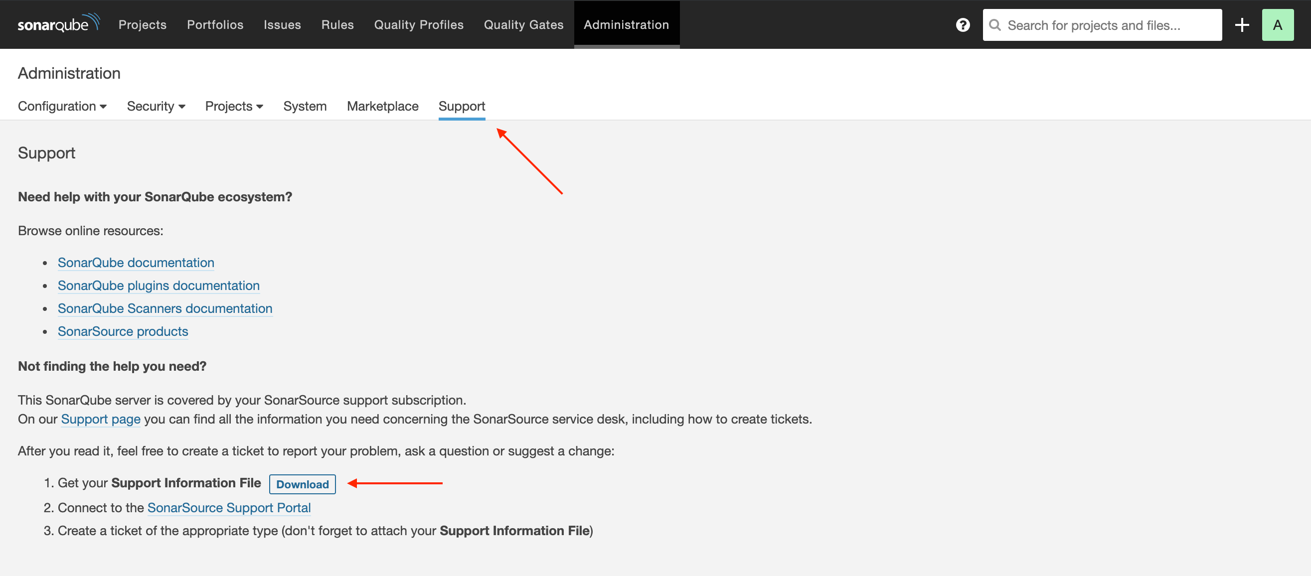 Where to find your support information file from the SonarQube UI.