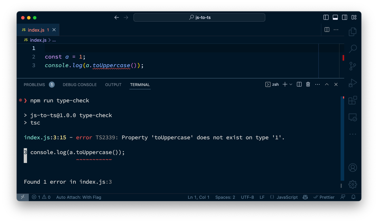A screenshot of VS Code with the terminal open. It shows having run the TypeScript powered type-check command against the JavaScript. It catches one error, where we try to call toUppercase on a number.