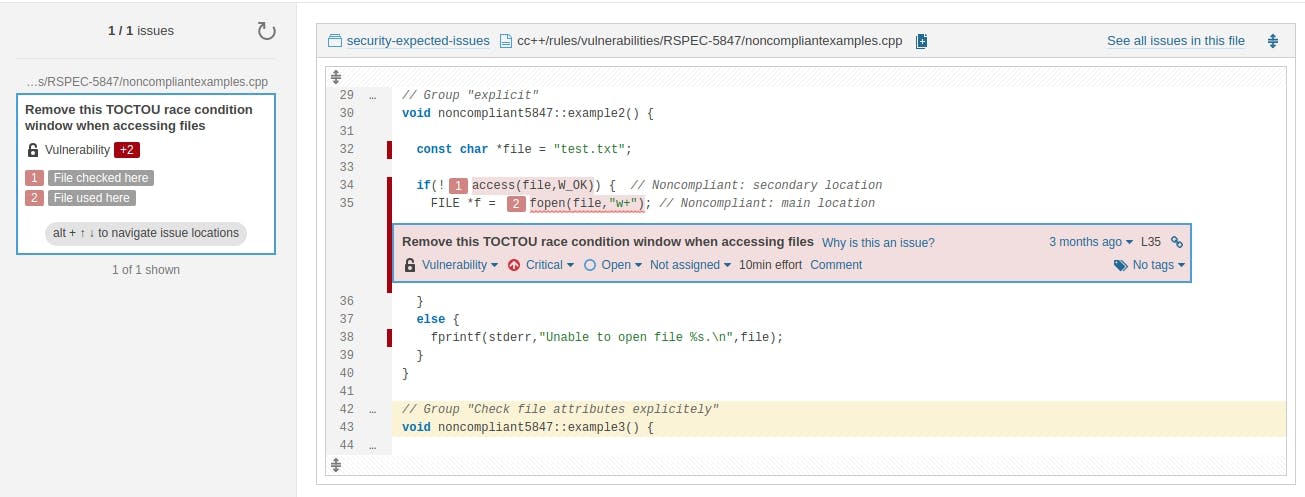 TOCTOU Vulnerability issue raised by SonarQube in sample code. Even though the file access is immediately after the check, there's still a window of opportunity for an attacker.