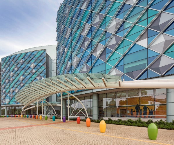 Exterior details of a colorful building.