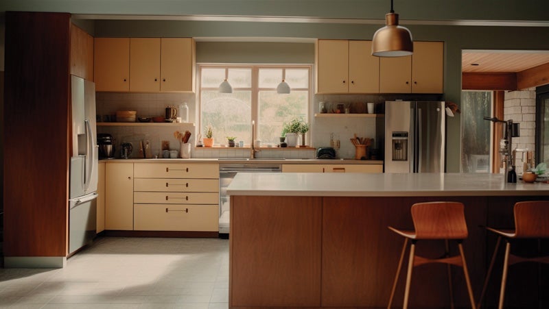 Contemporary kitchen with beige cabinets, white countertops, and stainless steel appliances illuminated by natural light from window