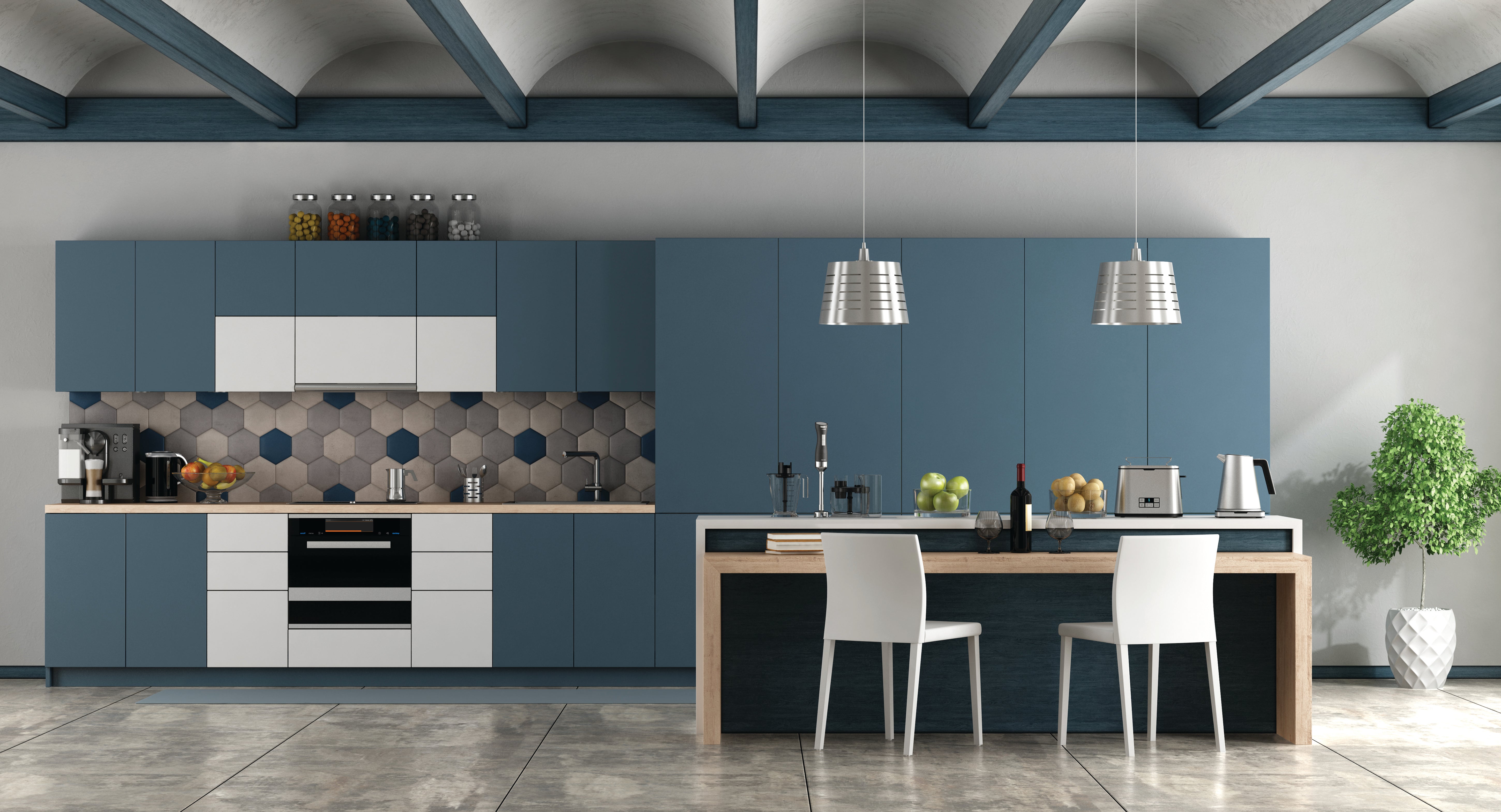 Modern Blue-Gray Kitchen Cabinets coated with powder coatings