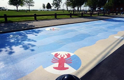 Colorful pedestrian walkway with lobsters designed in it in Norwalk, CT