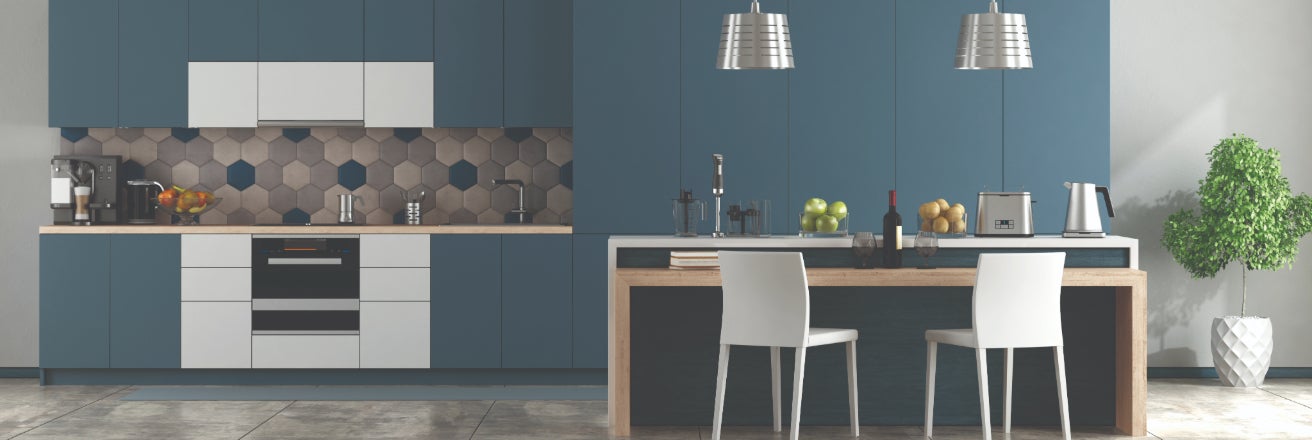 Modern Blue-Gray Kitchen Cabinets  including high table and two white bar stools