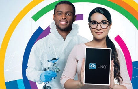 PPG LINQ on screen and man wearing PPE holding spray gun