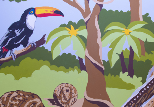 mural of rainforest featuring toucan 