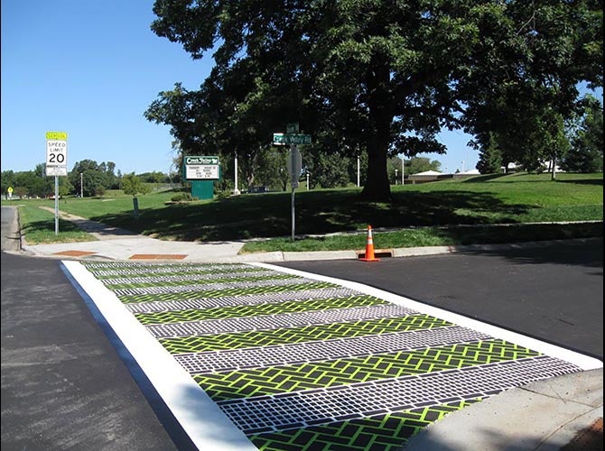 Colorful crosswalk with unique pattern.