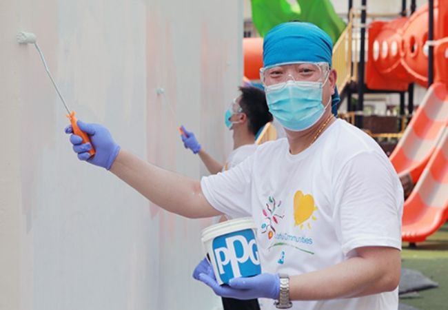 man painting exterior wall in Tianjin, China