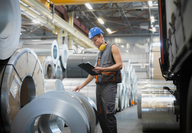 Male in industrial setting looking at rolls of coil metals.