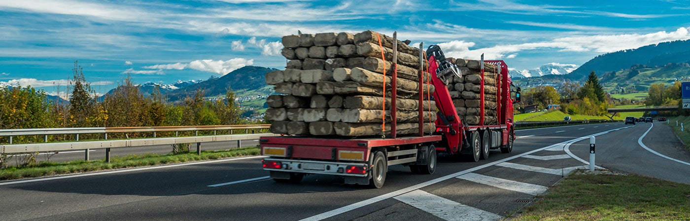 Trailer transporting logs travelling on road