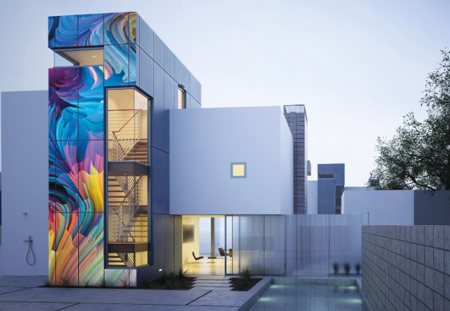 Modern building design with colored panels