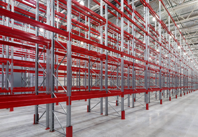 Rows of empty red and silver metal shelving and racking in a warehouse 