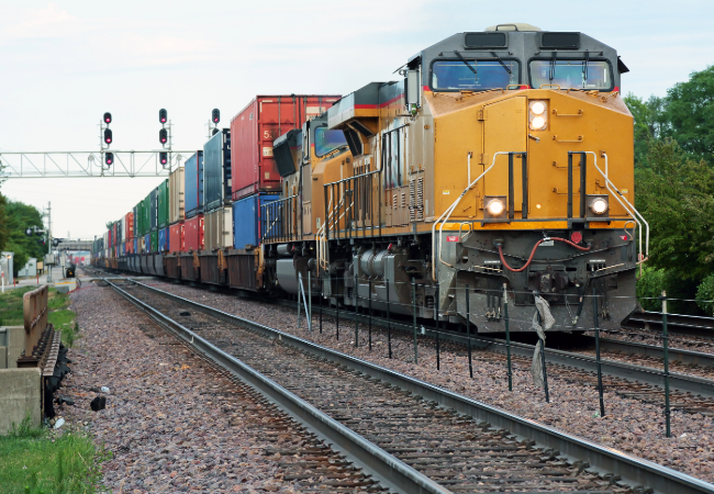 Yellow train on a track with stacked multi-colored containers