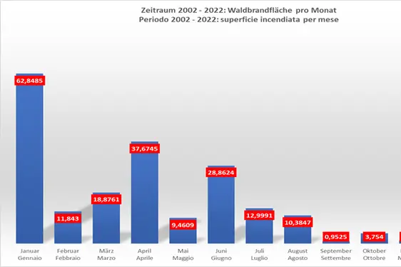 Grafico a barre con superficie incendiata per mese - Periodo 2002-2022