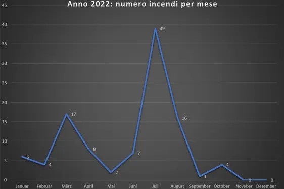 Diagramma con numero incendi per mese - anno 2022