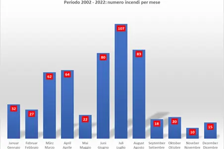 Grafico a barre con numero incendi per mese - periodo 2002-2022