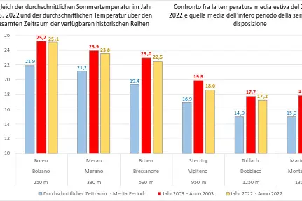 Grafico a barre con confronto fra la temperatura media estiva del 2003, 2022
