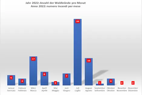 Grafico a barre con numero incendi per mese - anno 2022