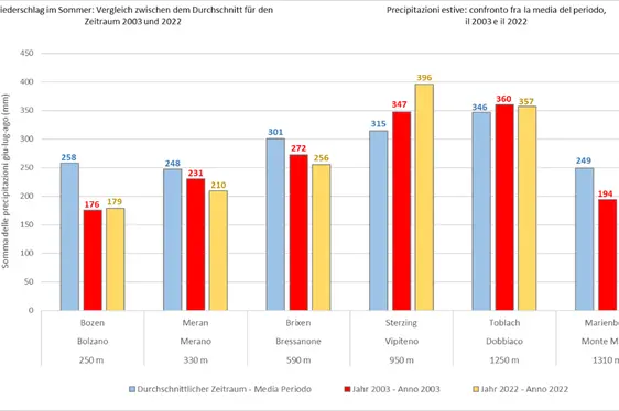 Grafico a barre con precipitazioni estive: confronto fra la media - periodo 2003 e 2022