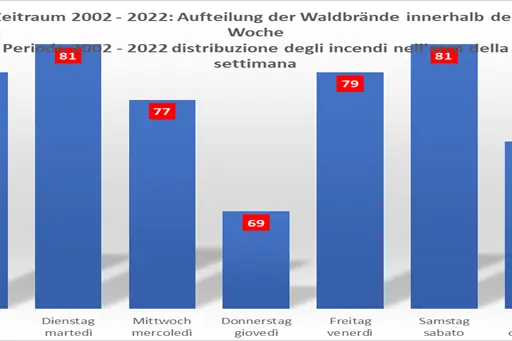 Grafico a barre con distribuzione degli incendi nell'arco della settimana - Periodo 2002-2022